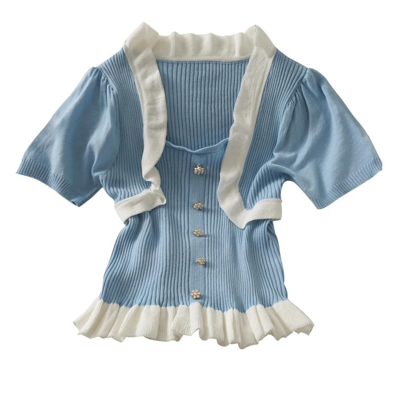 

Attached One-Piece Knit Tshirts Tees Summer Women's Patchwork Short Sleeve Ruffles Crop Top Tshirt Girls