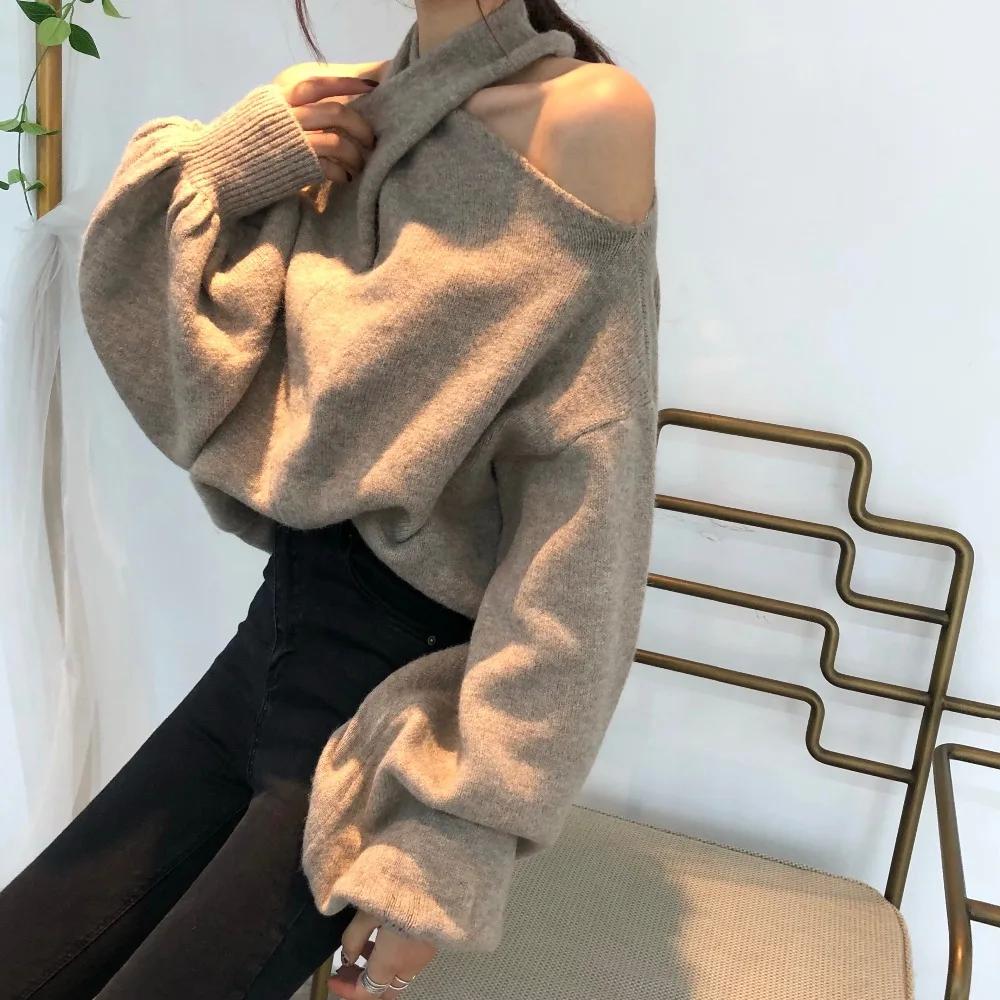 Женский трикотажный свитер в стиле ретро пуловер оверсайз с открытыми плечами и