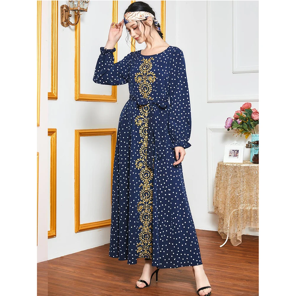 

Muslim Women Long Dress Vintage Polka Dot Embroidery Abaya Plus Size Long Sleeve O-neck Ramadan Maxi Robe Kaftan Arab New