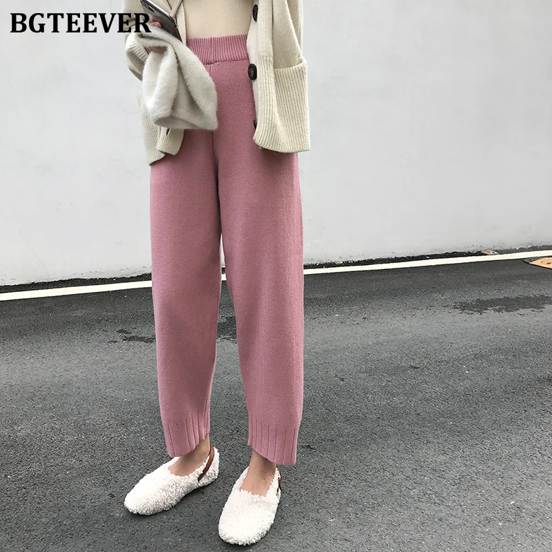 BGTEEVER Осень зима 2019 женские вязаные штаны эластичный пояс свободный свитер брюки