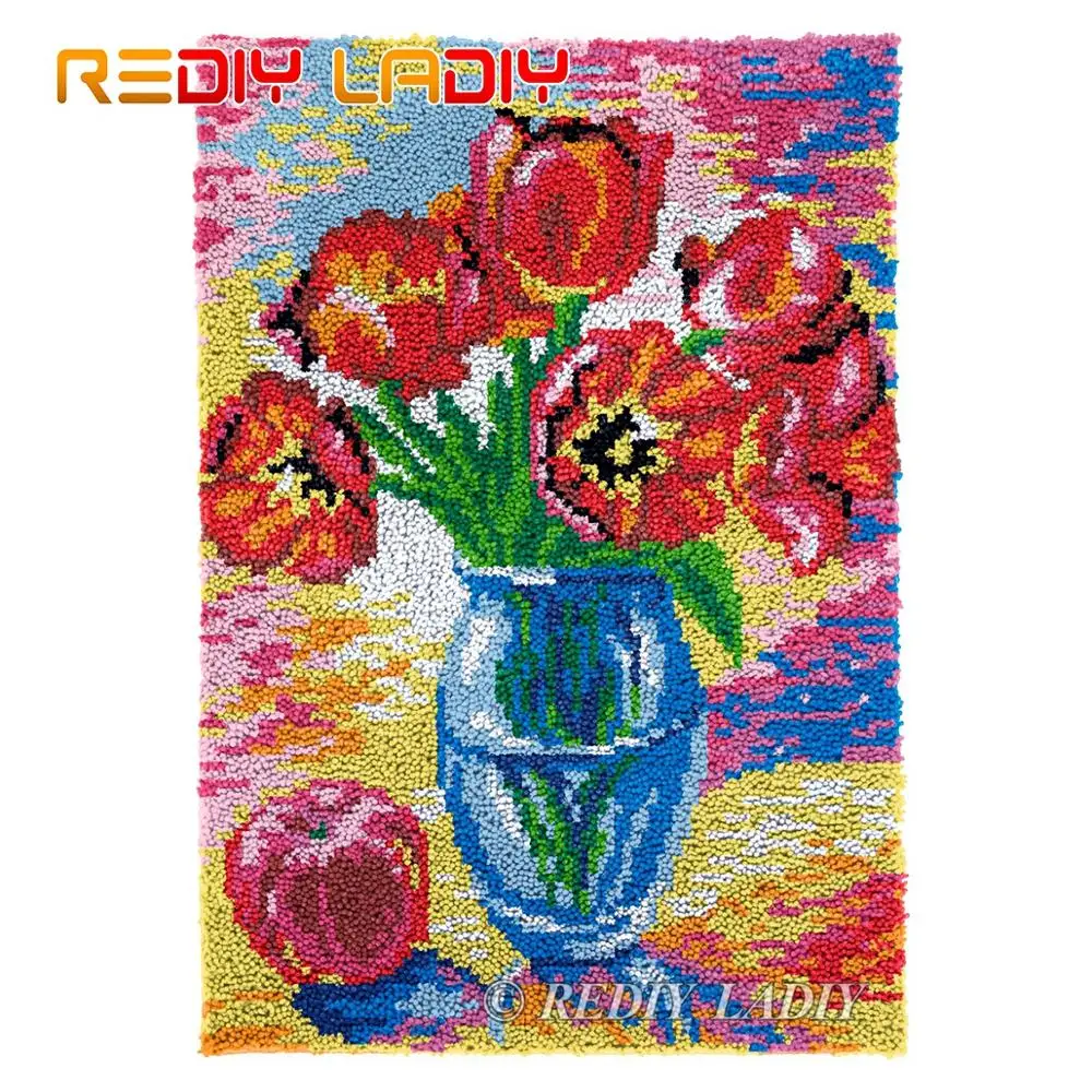 Latch Hook Kits Tulips with Vase DIY Carpet Rug Lush Tapestry Chunky Yarn Knitted Floor Mat Crochet Cushion Crafts 58*82cm | Дом и сад