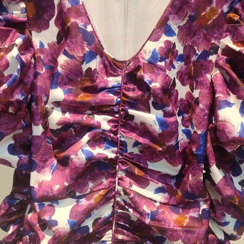 

VGH Hit Color Print Female Dress V Neck Long Sleeve High Waist Ruched Slim Bodycon Dresses For Women 2020 Autumn New Clothing