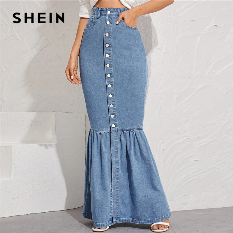 SHEIN, синяя джинсовая юбка макси с пуговицами спереди, рыбий хвост, Женская Осенняя юбка с карманами, высокая талия, вечерние, повседневные, облегающие, облегающие, Юбки Русалки