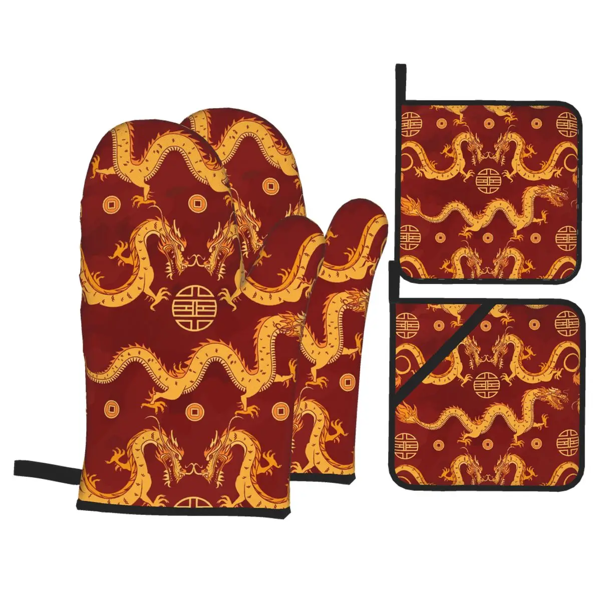 

4 Pieces Oven Gloves Mitts Chinese Gold Dragons Kitchen Gloves Tray Dish Bowl Holder Baking Insulation Hand Clip