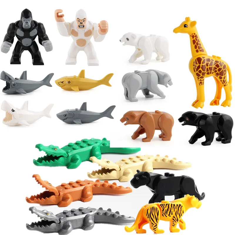 

Building Bricks Animals Tiger leopard Elephant Wolf Shark Polar bear Whale Blocks Kids Toys Animal Lockings Figures Assemble