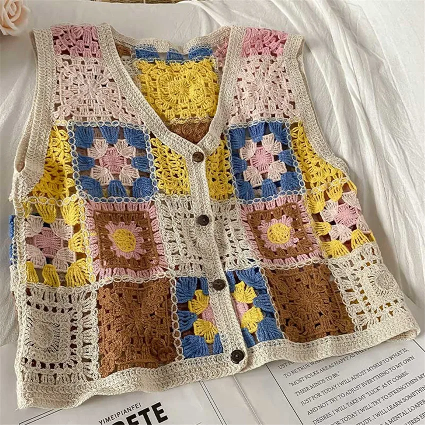 Bohemian Floral Embroidery Crochet Vest Women Sleeveless Waistcoat Summer Knit Vests Crop Top Vintage Chaleco Mujer | Женская одежда