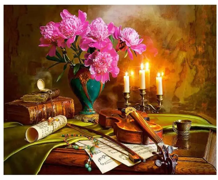 Алмазная картина Музыкальная Скрипка ваза с пионами стразы вышивка цветы