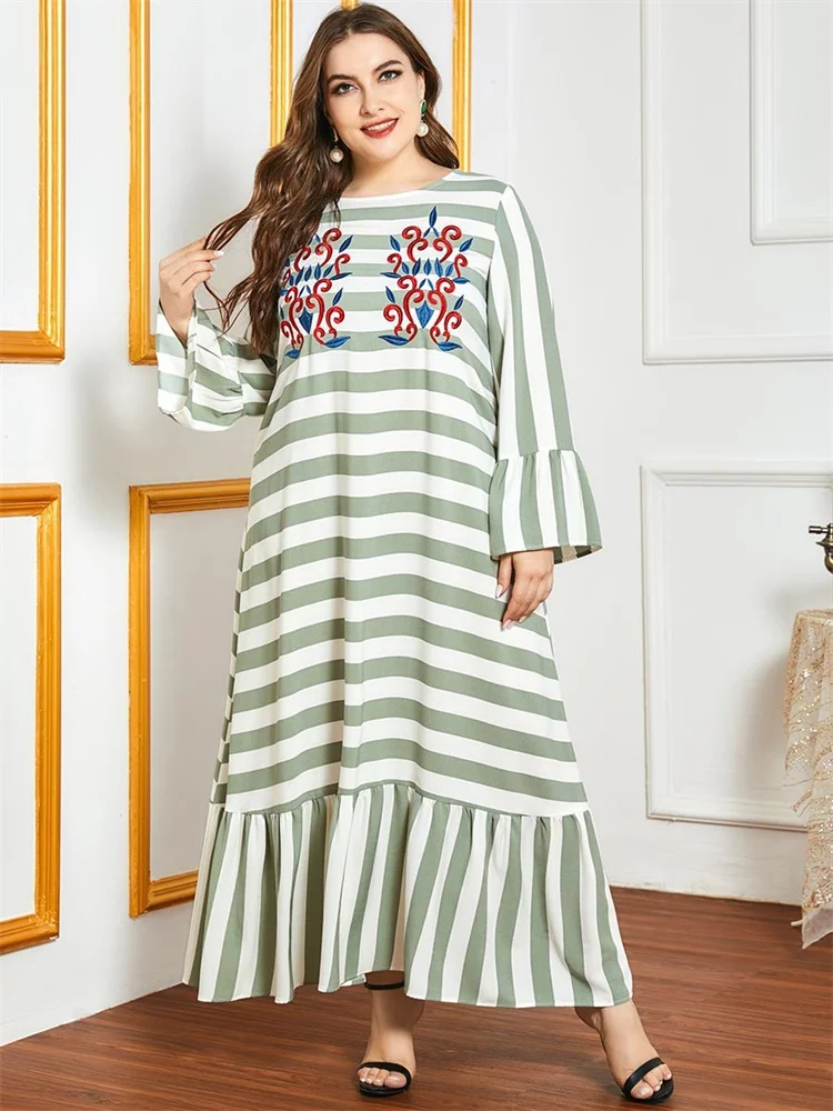

Plus Size Maxi Dress Women muslim arabic turkey dresses O Neck Striped Print Ethnic Embroidery islamic Clothing moroccan kaftan
