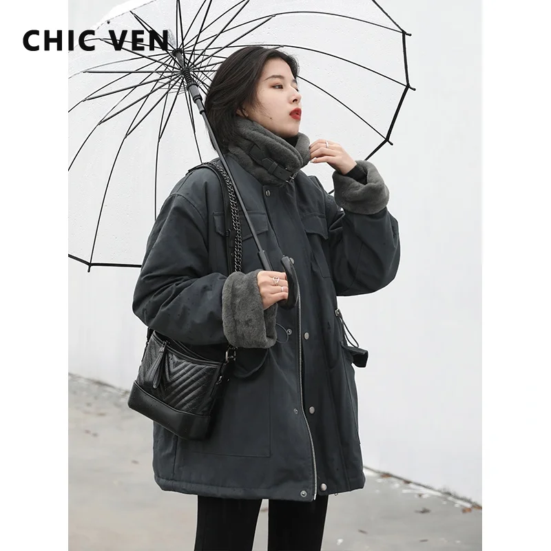 

CHIC VEN Safari Stytle Women Thickened Coat Stand Collar Drawcord Waist Closing Parka Thick Cotton Jacket Autumn and Winter