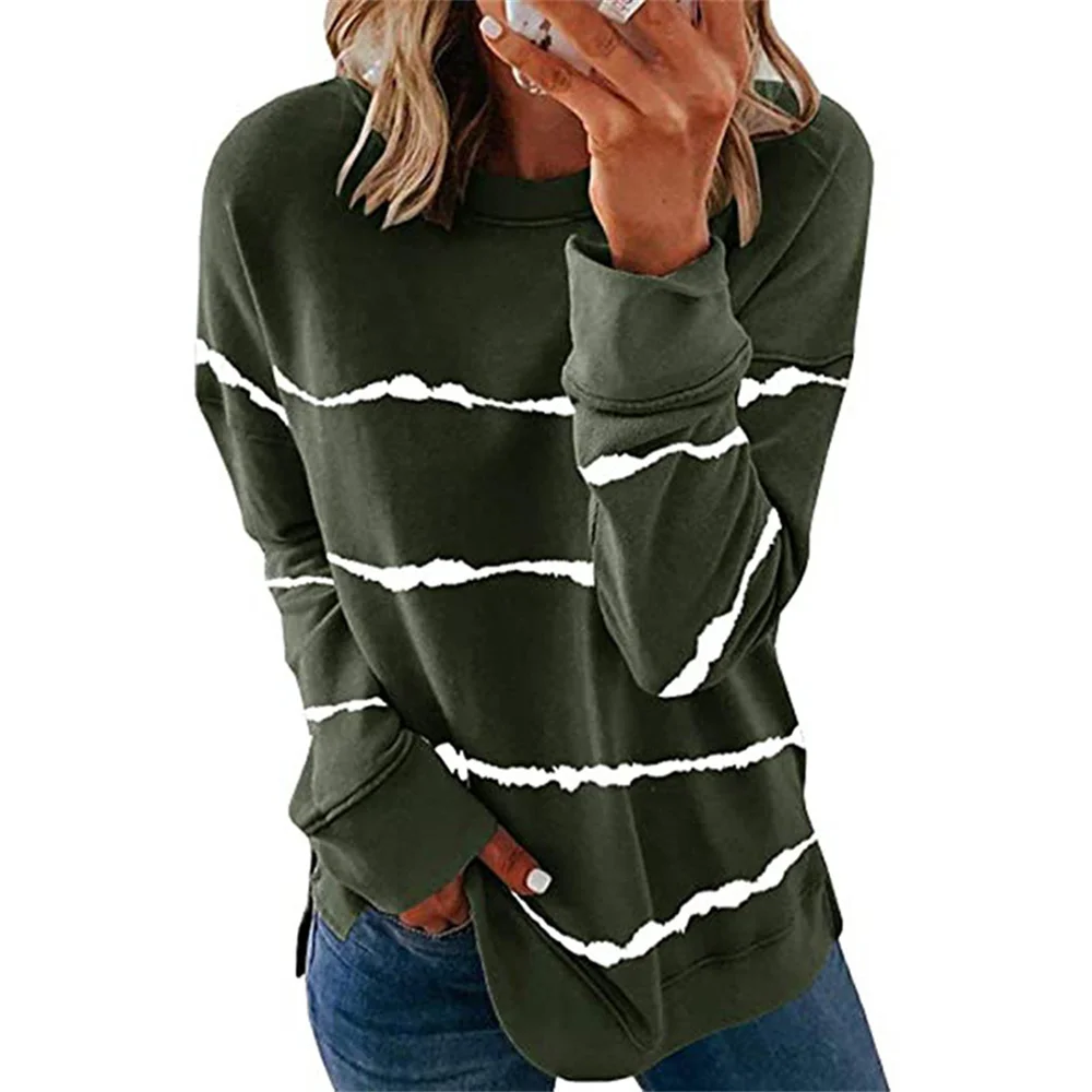 2021 Autumn And Winter Women's Tie-Dye Striped Printing O Neck Loose Long-Sleeve T-Shirt Fashion Casual Pullover Tops