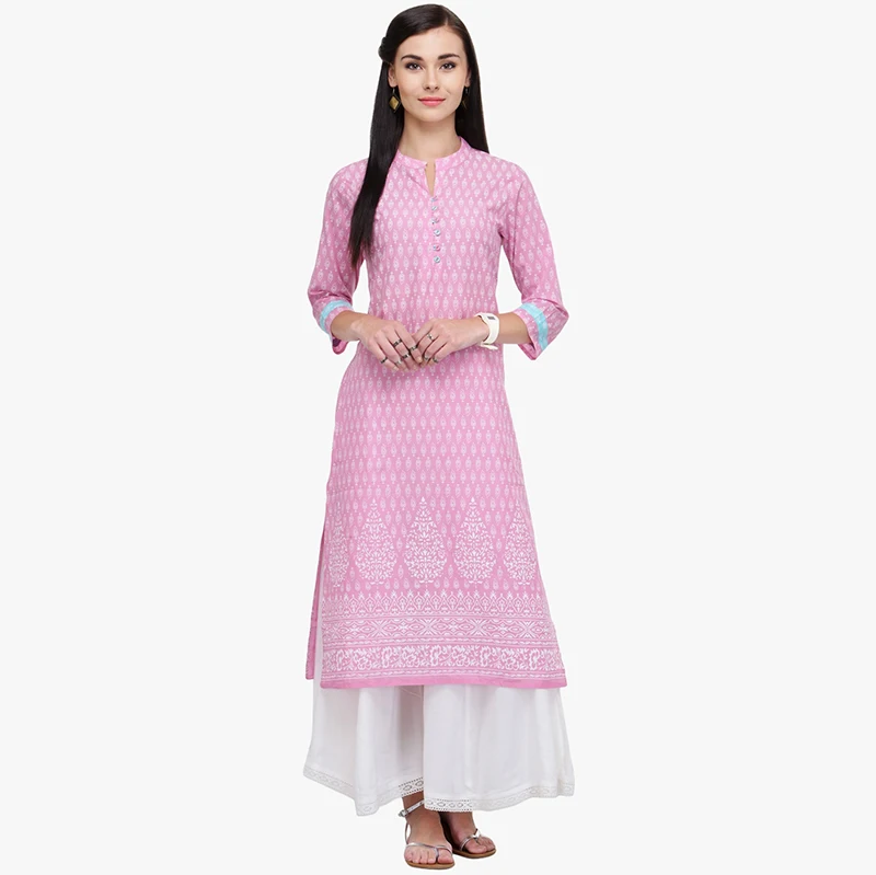 2019 New Style India Fashion Woman Ethnic Styles Printing Costume Cotton Kurtas Spring Summer Pink Dress Beautiful Lady Long Top