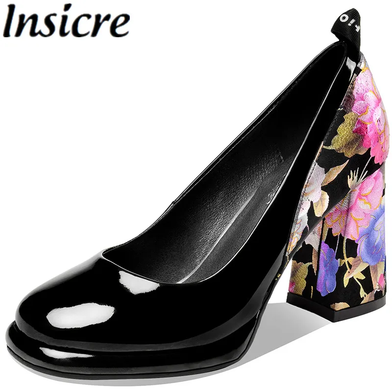

Insicre Print Sheepskin Round Toe Women Pumps Thick High Heels Cow Patent Leather Platform Big Size 43 Black Patchwork Flower