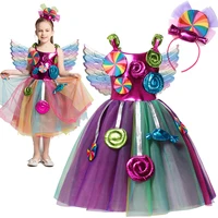 sweet candy girl clothes summer kids carnival frock little girl birthday fancy rainbow tutu dress with hairband child party gown