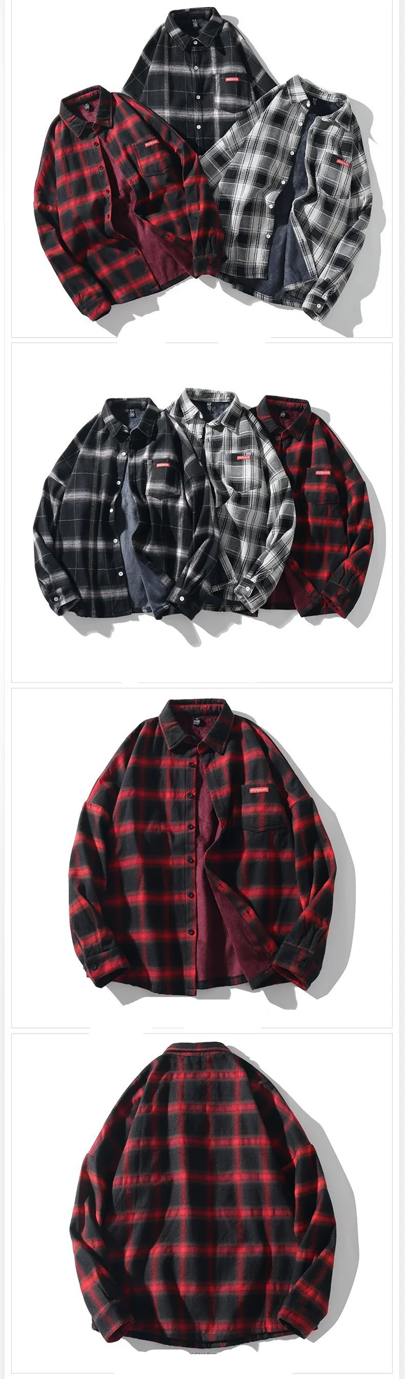 FGKKS Casual Brand Men Plaid Shirts Men's Plus velvet Long Sleeve Shirts Fashion Trend Male Turn-down Collar Shirt Coat
