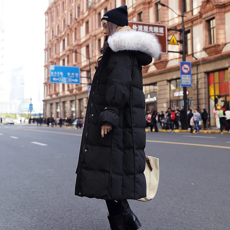 

Winter New White Down Jacket Women Mid-length Thickened Loose Artifical Large Fur Collar Knee-high Solid Elegant Long Parka