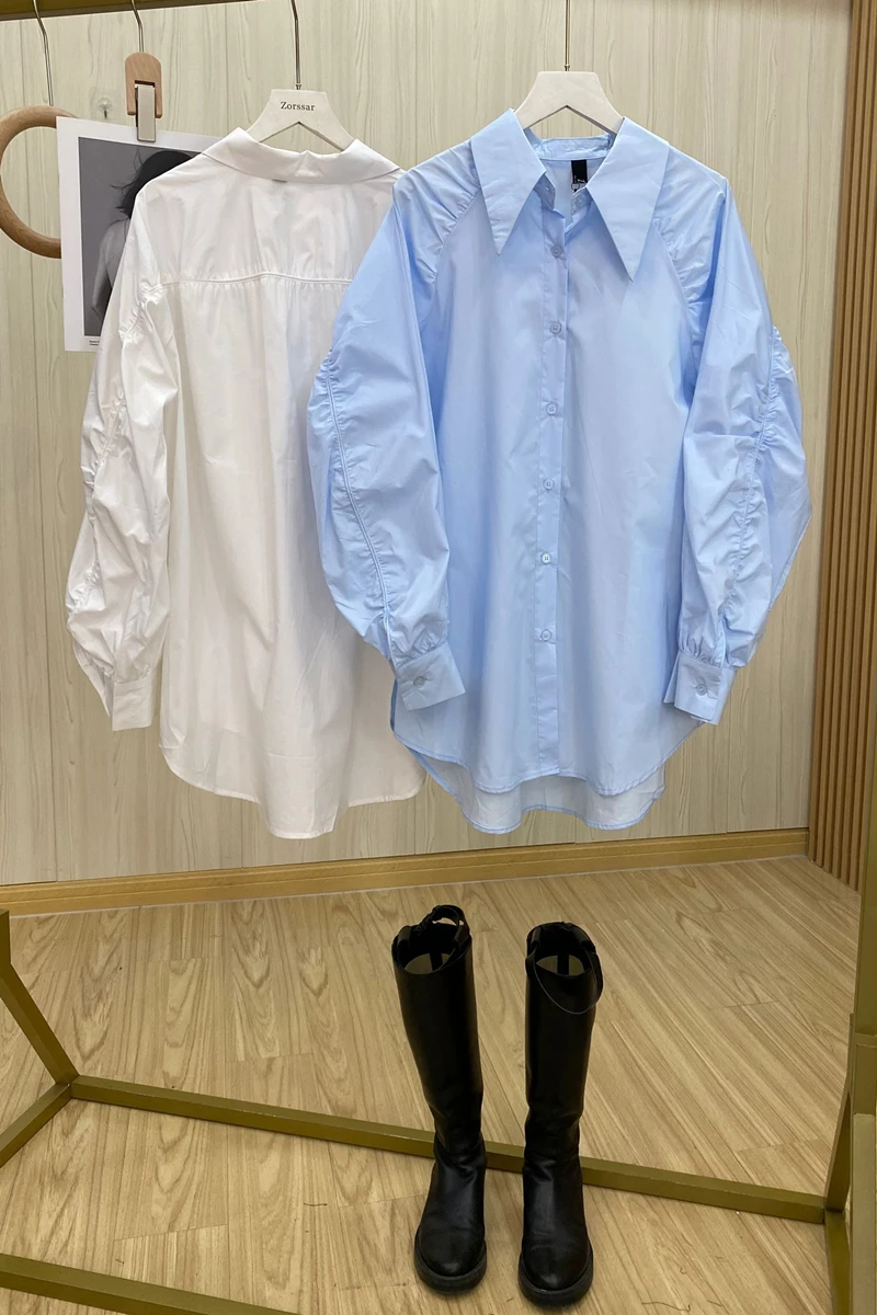 

2021 Spring New Back Elastic Pleated Design Peaked Lapel and Long Sleeve Casual Solid Color Ins Trendy Blouse