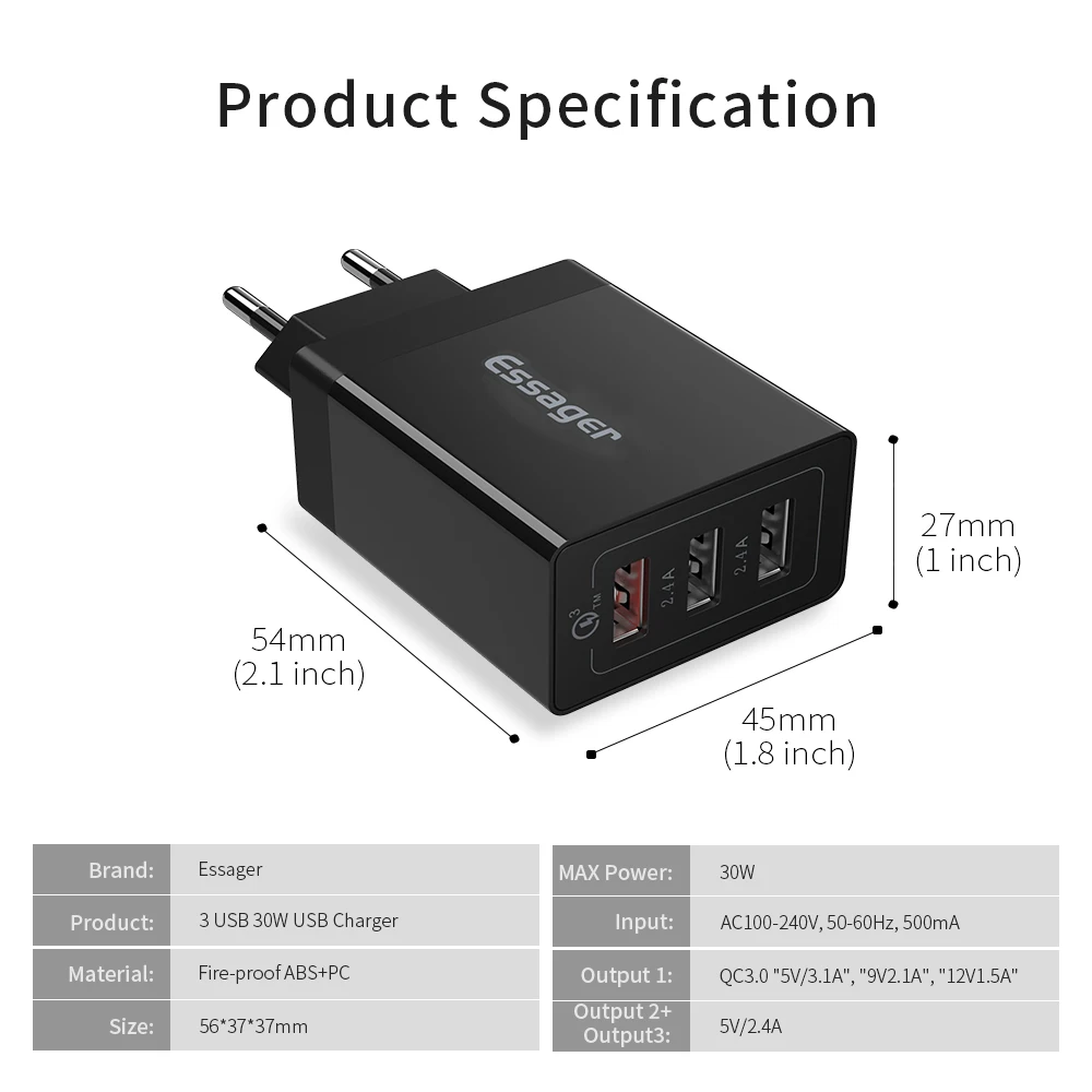 Essager USB зарядное устройство QC3.0 30 Вт Быстрая зарядка 3,0 настенное зарядное устройство для iPhone Xiaomi samsung Быстрое зарядное устройство адаптер зарядного устройства для мобильного телефона