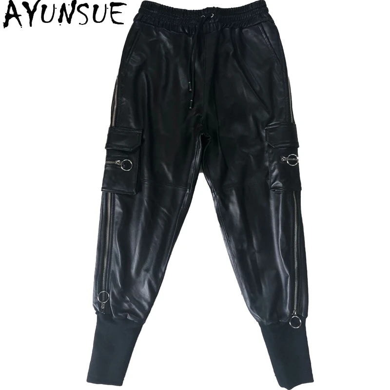 

JCBC 2021 100% Sheepskin Leather Pants Black Cargo Pants Women Korean Style Trousers High Waist Autumn Winter Pantalon Femme