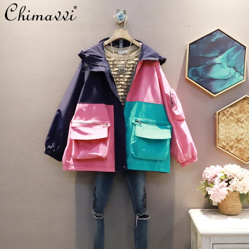 

Hooded Color Matching Korean Jacket Women Autumn Loose Oversized Zipper Jacket Female Long Sleeve Casual Coat