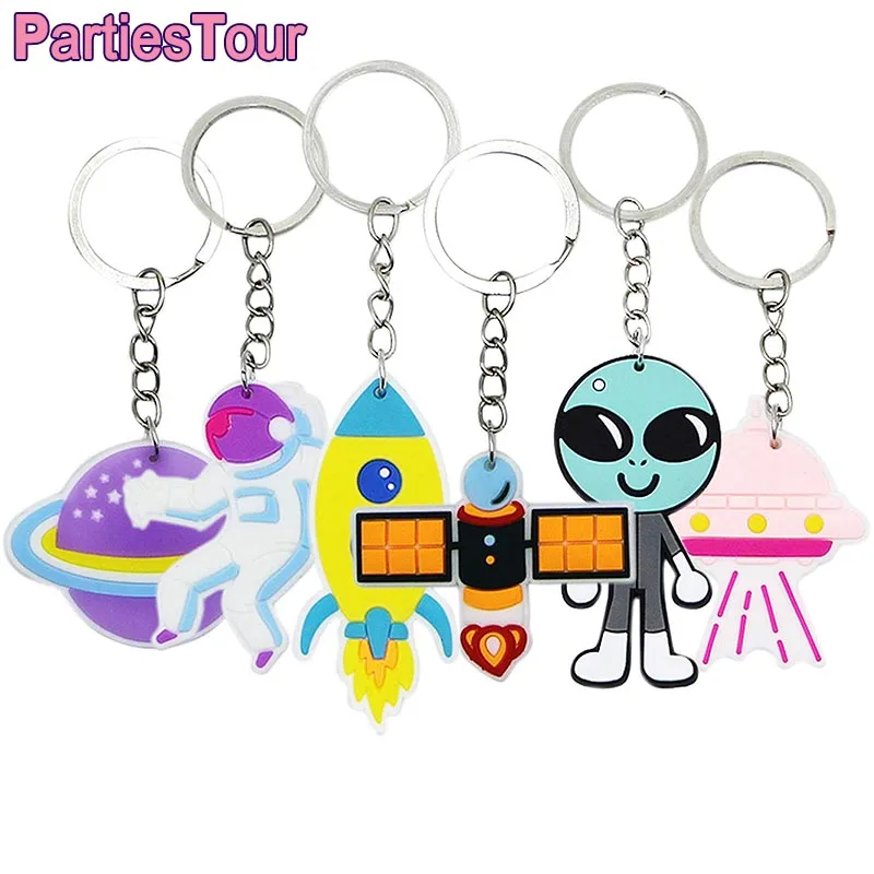 

6pcs Galaxy Planet Keychains Outer Space Astronaut Rocket Key Ring Baby Shower Solar System Themed Birthday Party Favor Supplies