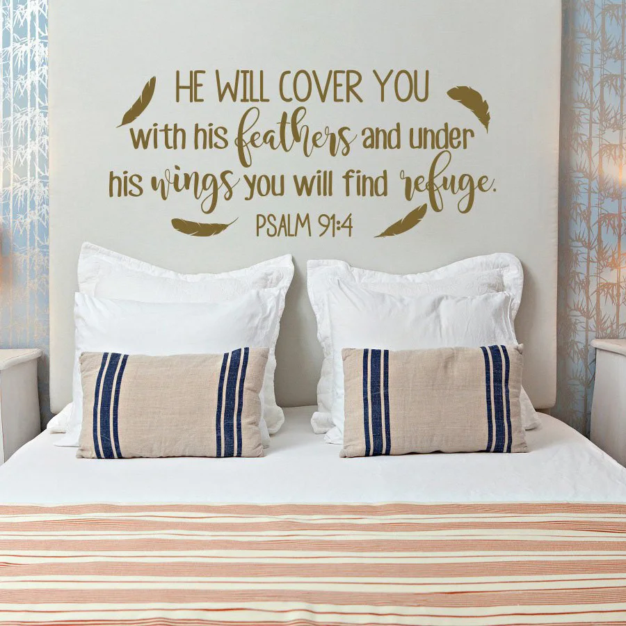 

PSALM He Will Cover You With His Feathers Bible Verse Wall Decal Family vinyl Wall sticker Christian Scripture Wall decor 919