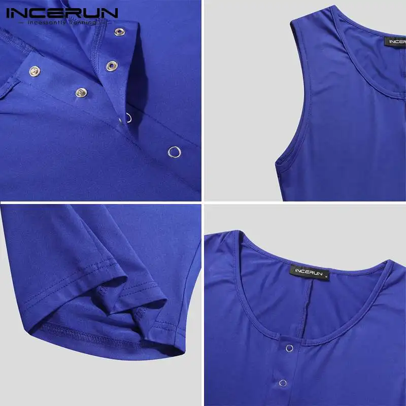 

INCERUN Summer Men Pajamas Romper Homewear Solid Color Sleeveless O Neck Cozy Nightwear Playsuits Leisure Men Jumpsuits S-5XL