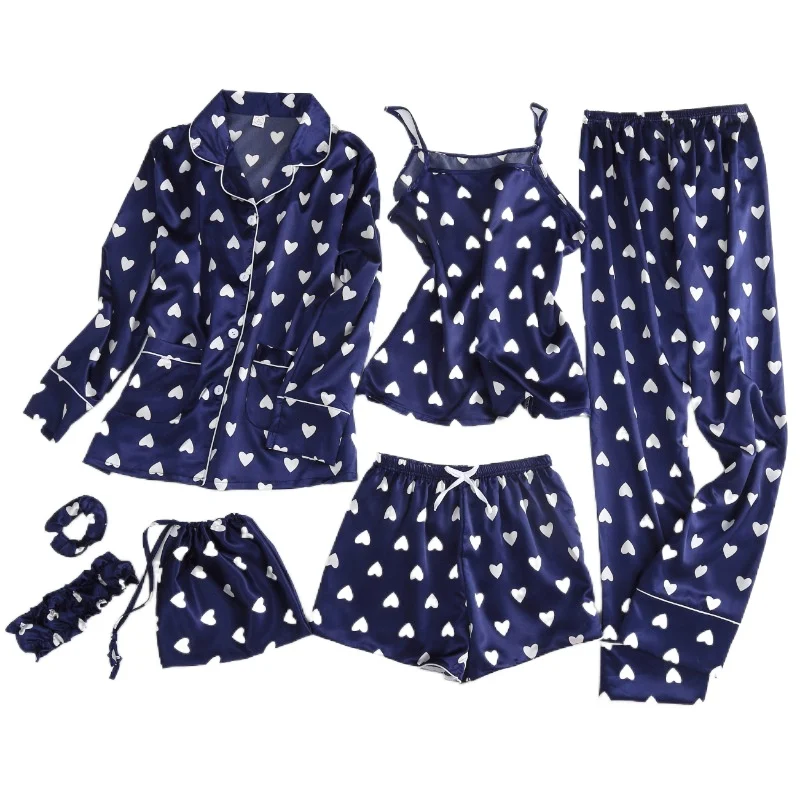 

Leisure 7 piece Set Ice Silk Printed Women Pajamas Summer Autumn Temperament Breathable Essential Sleepwear for Travel Homewear