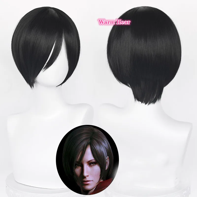 Biohazard-Peluca de cabello para Cosplay, cabellera corta de color negro de 32cm, pelucas de cabello resistente al calor + gorro de peluca, Ada Wong