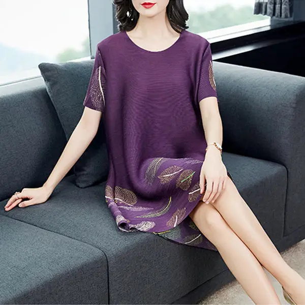 

2021 Summer New Loose Round Neck Short Sleeve Solid Print Dress Temperament Versatile Loose Waist Medium Length