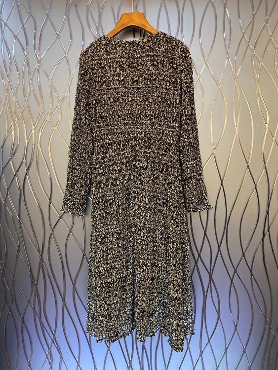 

2020 autumn and winter new women's round neck back zipper decoration pleated floral long sleeve dress 1217