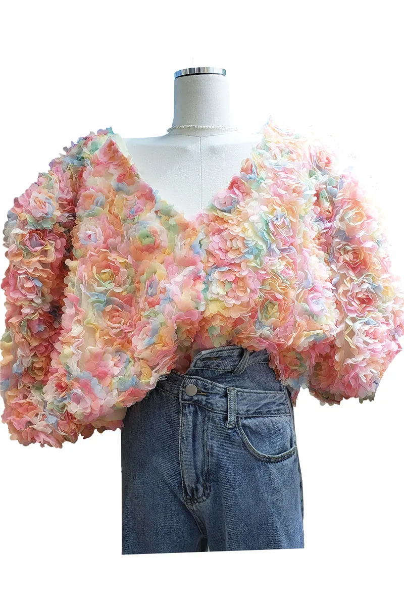 

2021 Summer New French Style Fresh Candy Color Three-Dimensional Petals T-shirt Women All-Match Tshirt Lady Crop Top High Street