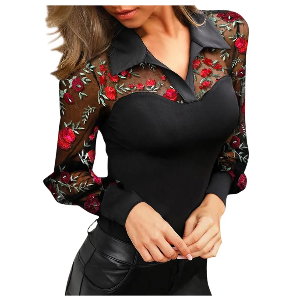 2020 Женские Прозрачные топы с вышивкой сексуальные сетчатые рубашки v образным