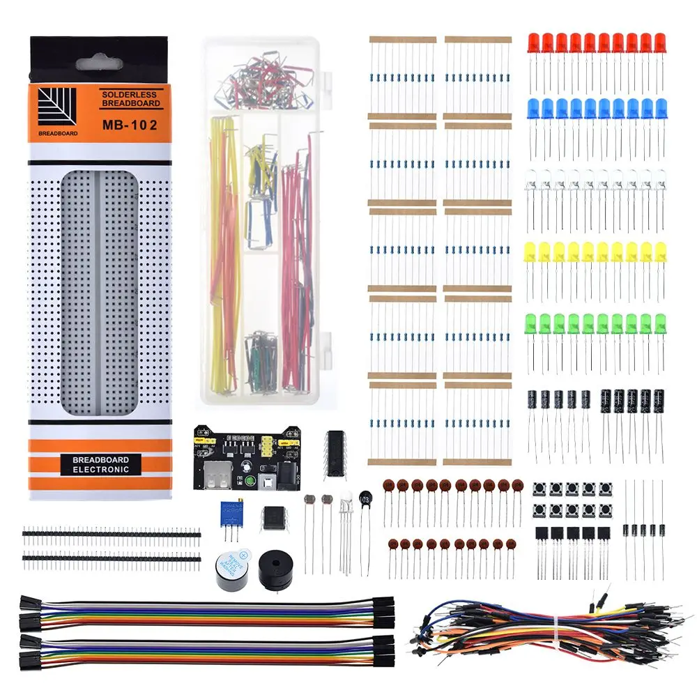 Electronics Component Basic Starter Kit with 830 Tie-points Breadboard Cable Resistor Capacitor LED Potentiometer Box Packing |