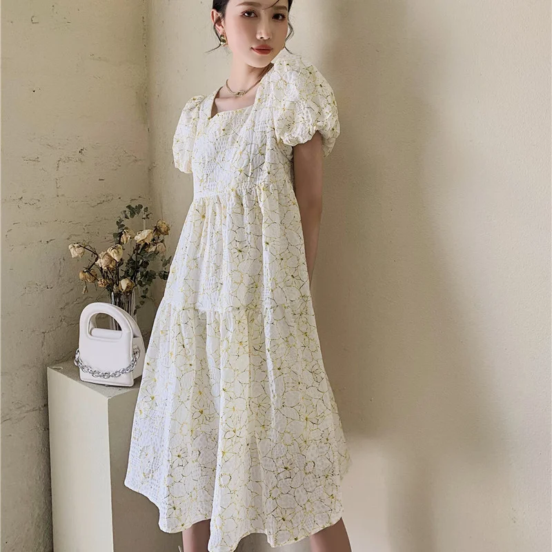 

Kimotimo Sweet Jacquard Puff Sleeve Dress Women Summer Square Collar Mid-length Loose Ball Gown Dresses 2021 New Korean Clothes