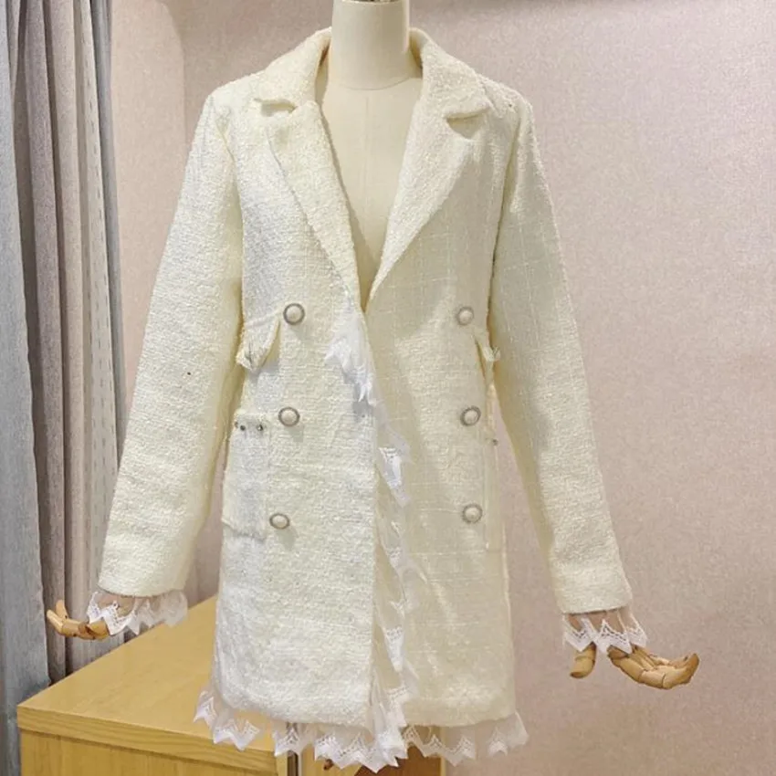 

Женское шерстяное пальто, твидовое, двубортное, с кружевной строчкой, весна-осень