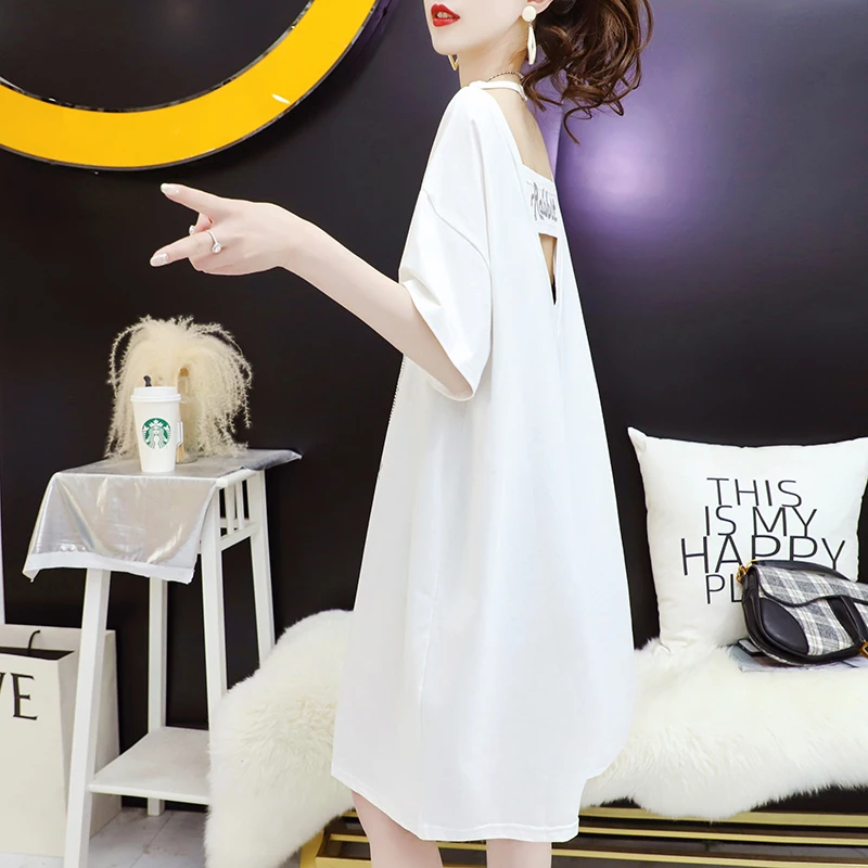 

Xinji open back T-shirt skirt Korean version loose medium length summer 2021 new purple half sleeve top