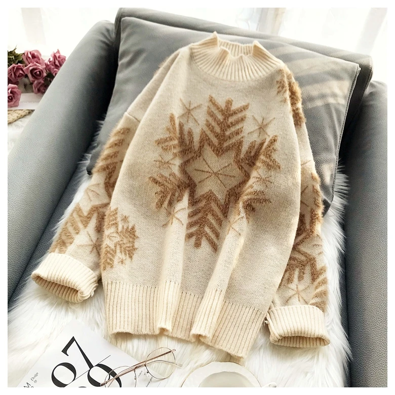 

Women Autumn Winter Christmas Sweater Ladies Knitted Jumper Pullover Women Sweater Snowflake Print Pullovers Sweaters B241