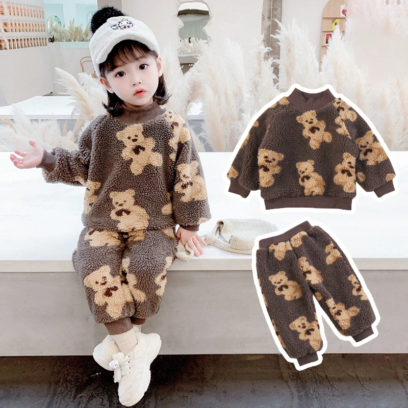 

Зимний костюм из овечьей шерсти для девочек, милый мультяшный шерстяной свитер, повседневные брюки, детская модная плотная одежда в Корейск...