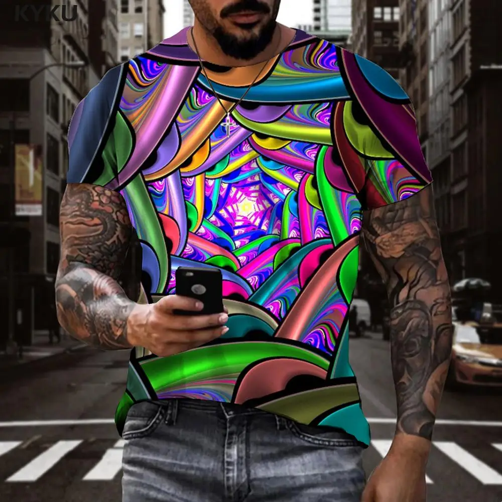

KYKU Brand Dizziness T shirt Men Abstract Funny T shirts Gradient Shirt Print Colorful T-shirts 3d Short Sleeve summer New Slim