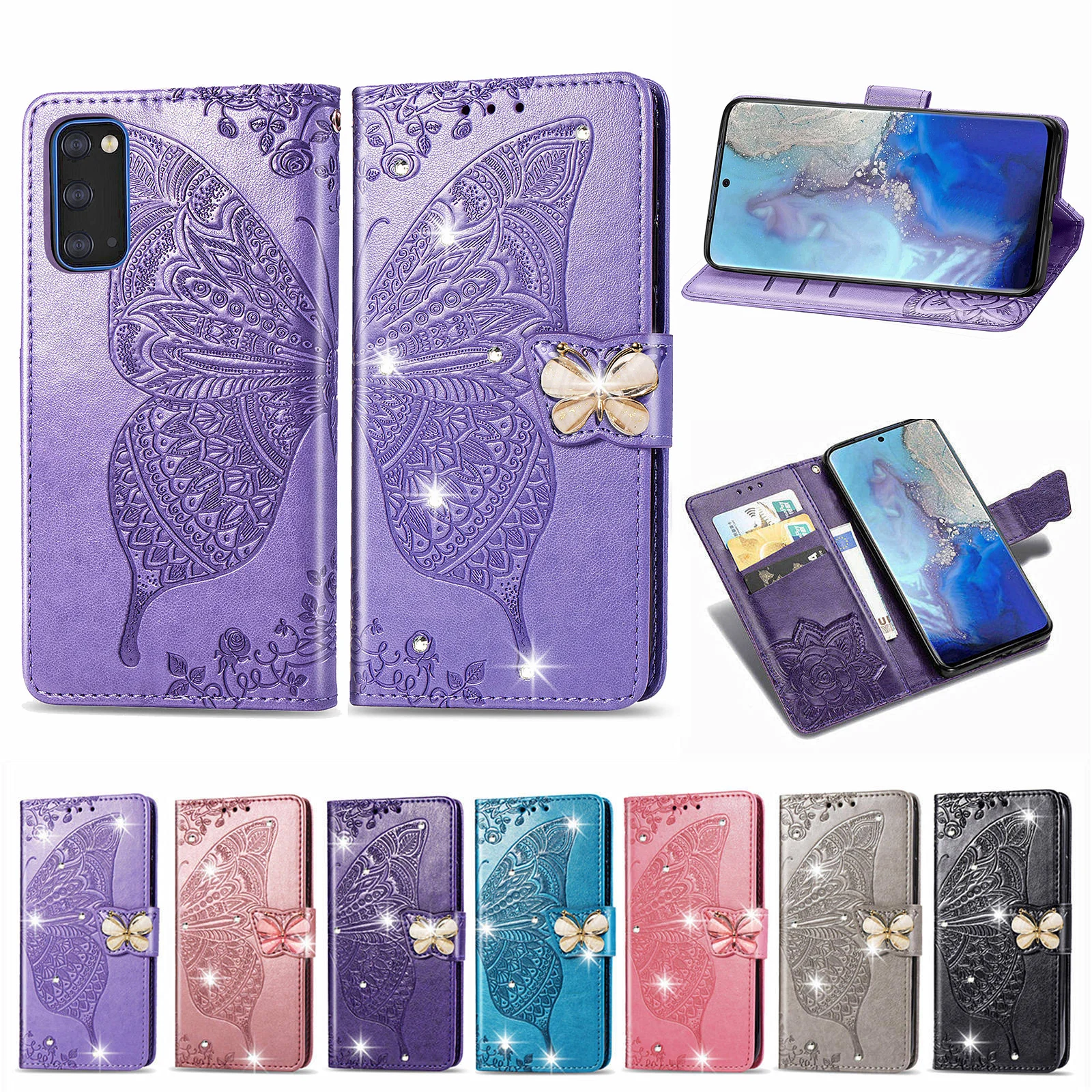 Блестящий кожаный флип-чехол с бабочками для Samsung Galaxy S21 S20 S10 Plus Note20 Ultra A12 A21S A42 A50 S8