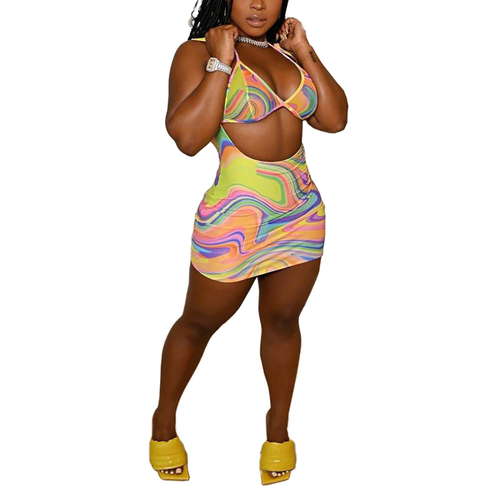 

New Arrival 2Pcs Women Summer Outfit, Gradient Print Tied Halter Neck Backless Crop Tops + Suspenders Short Skirt for Girls