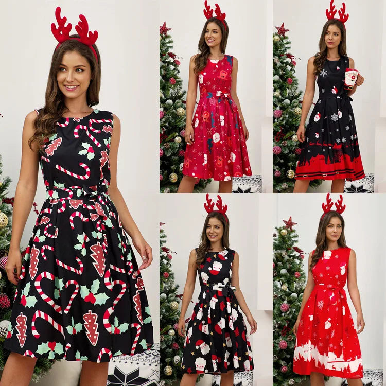 

3XL Plus Size Autumn Christmas Women Slim Dress O-Neck Sleeveless Sweet A-Line Dress Fashion Christmas Print Casual Clothing New