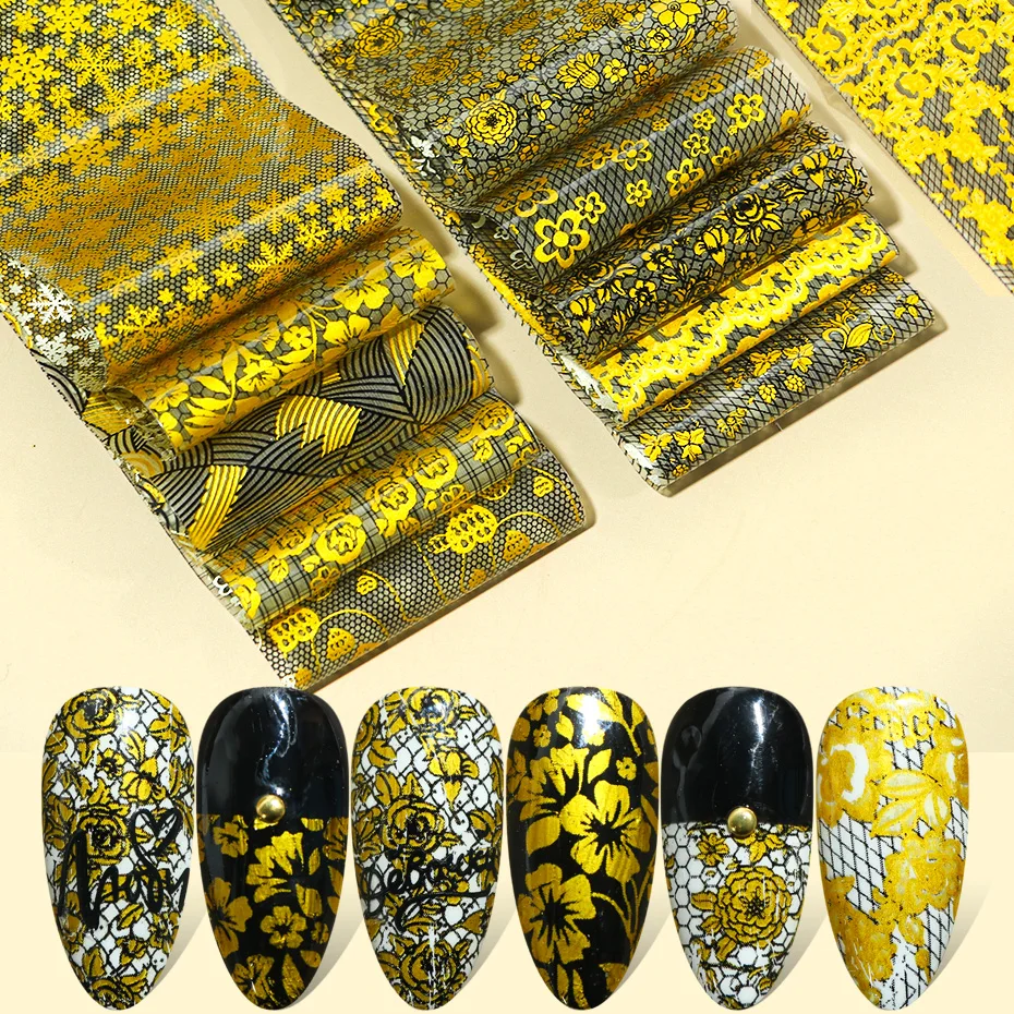 

10pcs Golden Nail Stickers Foils Flowers Geometric Line Pattern Gold Nail Art Decorations Designs Acrylic Manicure Wraps TR1554