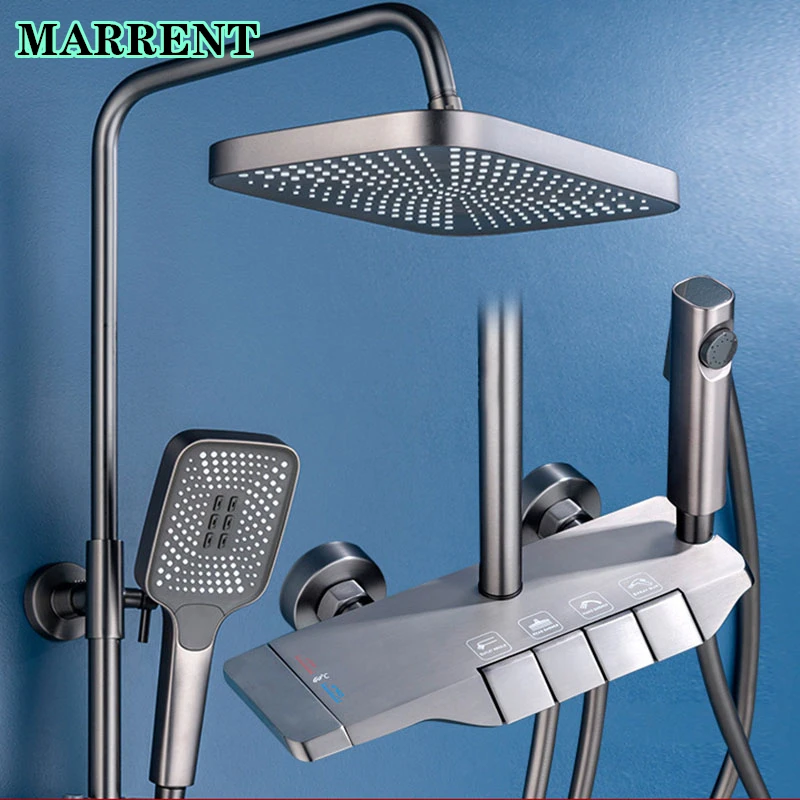 

Grey Thermostatic Bathroom Shower Set Marrent ABS Square Rain Shower Head Brass Bathtub Mixer Tap Gray Piano Shower System Set