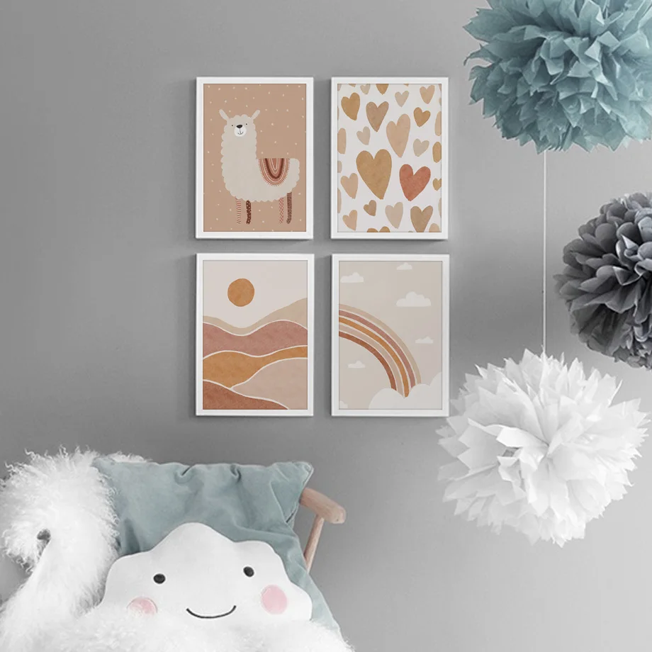 Мультяшная лама Гора Радуга алфавит любовь детская стена Художественная печать