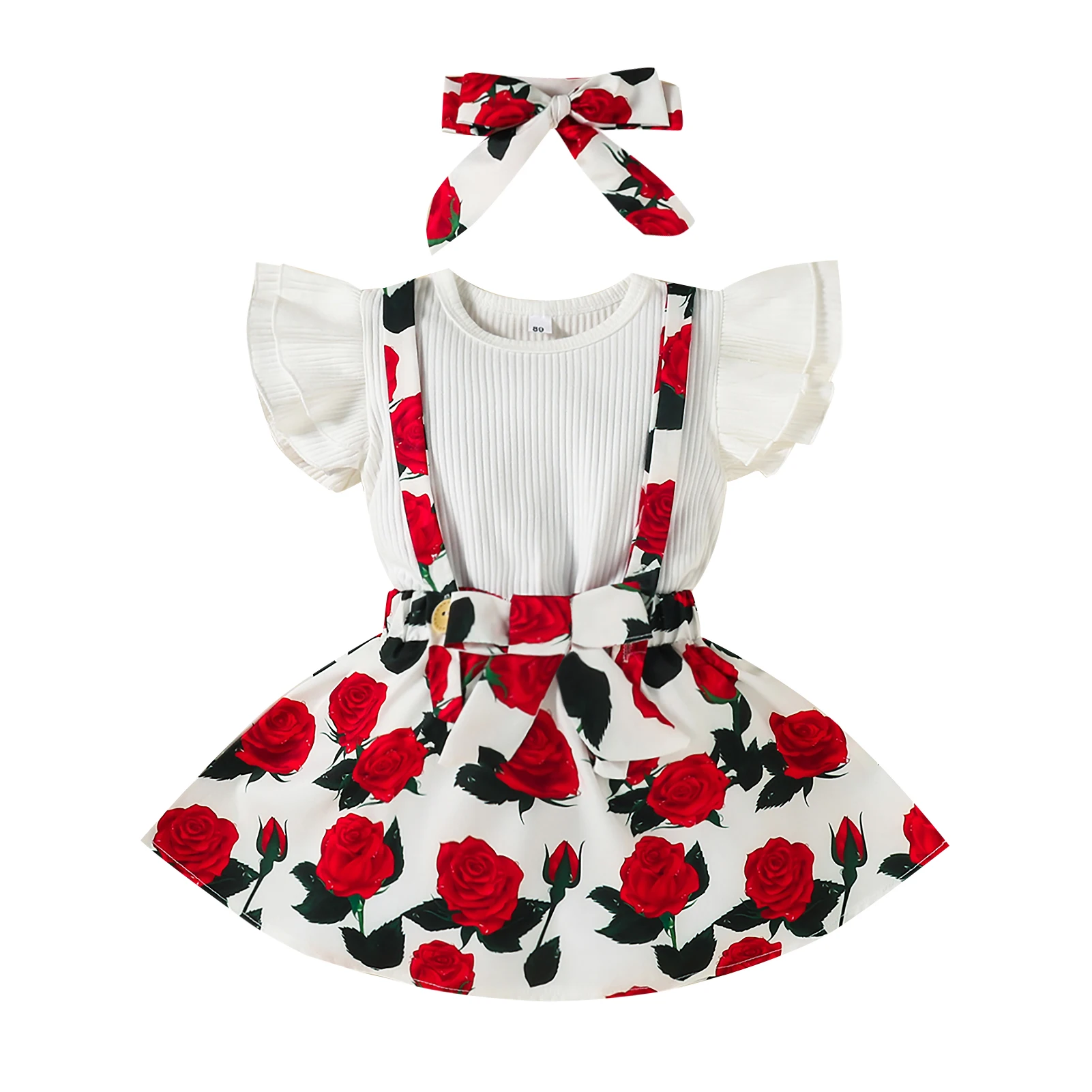 

Костюм-тройка для девочки, однотонная Футболка с рукавами-летячими буквами и юбка с цветочными подтяжками и повязкой на голову