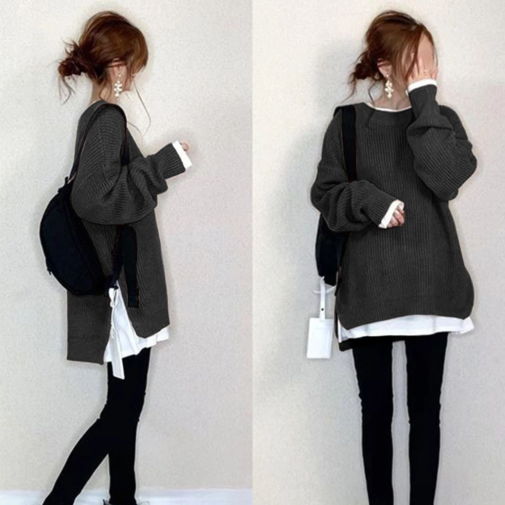 

Осенний женский свитер с имитацией двух рядов, пуловер с длинным рукавом и разрезом, повседневный вязаный Топ, женский модный свитер оверса...