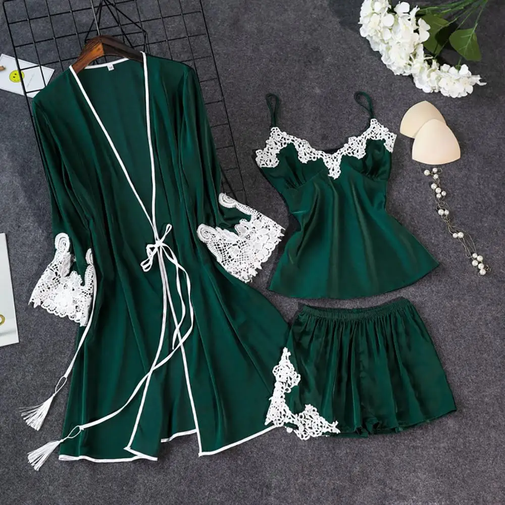3 шт. женский Шелковый кружевной халат Babydoll одежда для сна ночная рубашка