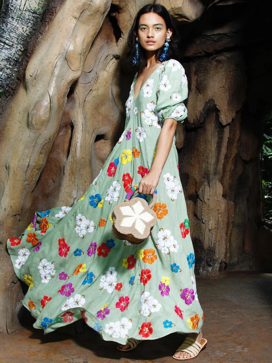 

Jastie Beautifully Embroidered Linen Midi Dress V-Neck Half Sleeve Autumn Dresses Colorful Floral Chic Boho Dress Women Clothes