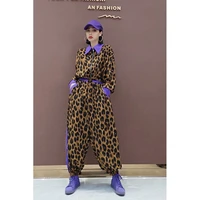 leopard print jumpsuit woman retro short sleeved zipper casual pants loose size spring summer playsuit clubwear purple hip hop